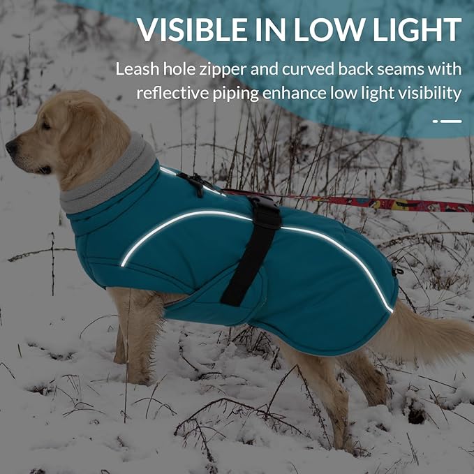 Queenmore XL Dog Coat, Winter Dog Jacket for Large Dogs, Waterproof Puffy Dog Snowsuit, Adjustable Reflective Fleece Lining Warm Padding Parka for Cold Weather, Blue XL