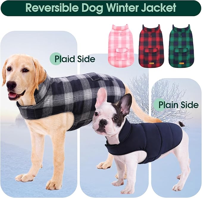 Kuoser Reversible Dog Jacket, Warm Winter Coat for Medium & Large Dogs, Warm Windproof Pet Cold Weather Clothes, Blue XL