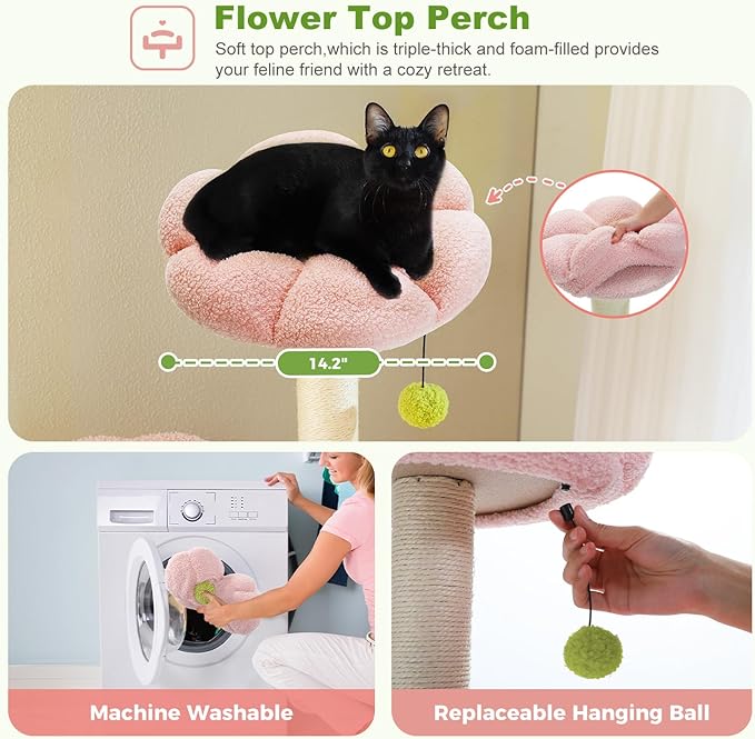 PAWZ Road Pink Flower Cat Tree Tower 62 Inches Cat Tree with 2 Condos,2 Flower Perches,4 Scratching Posts & 1 Scratching Board, and 2 Hanging Balls for Indoor Cats