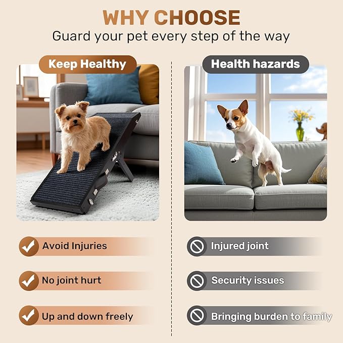 Wood Dog Ramp for Bed, 5-Level Adjustable Height (10" to 21") Pet Ramp with Non-Slip Surface for Couch, Bed and Car, Foldable Dog Ramp for Small, Medium to Large Dogs, Up to 200LBS