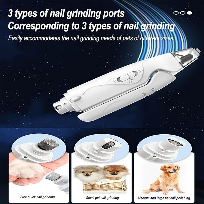 2-in-1 Dog Nail Grinder & Clipper - Ultra-Quiet USB Rechargeable Pet Nail Trimmer with LED Light, Multiple Sanding Ports, and Splash Guard for Small, Medium, & Large Dogs and Cats (White)