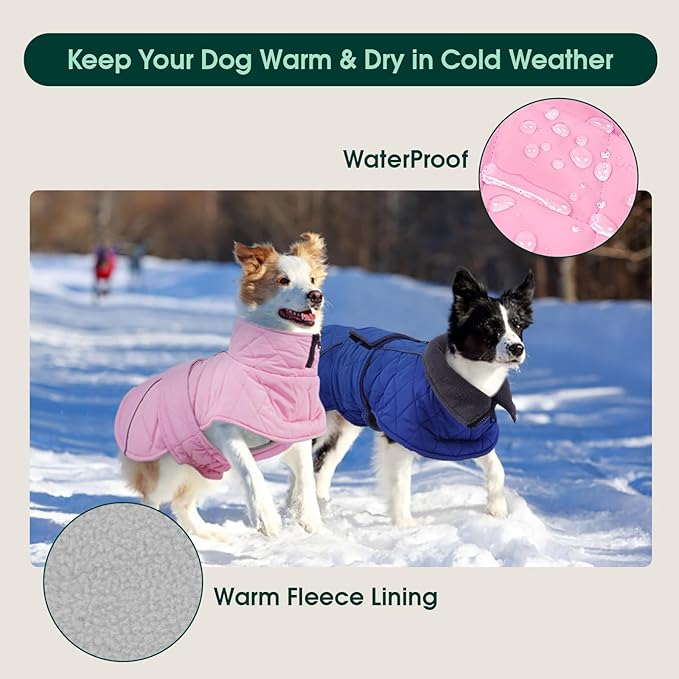 Kuoser Dog Coat, Extra Warm Dog Jacket Windproof Dogs Cold Weather Coats for Medium Dogs, Fleece Lining Turtleneck Puppy Snowsuit Reflective Adjustable Pet Winter Clothes Christmas, Pink M