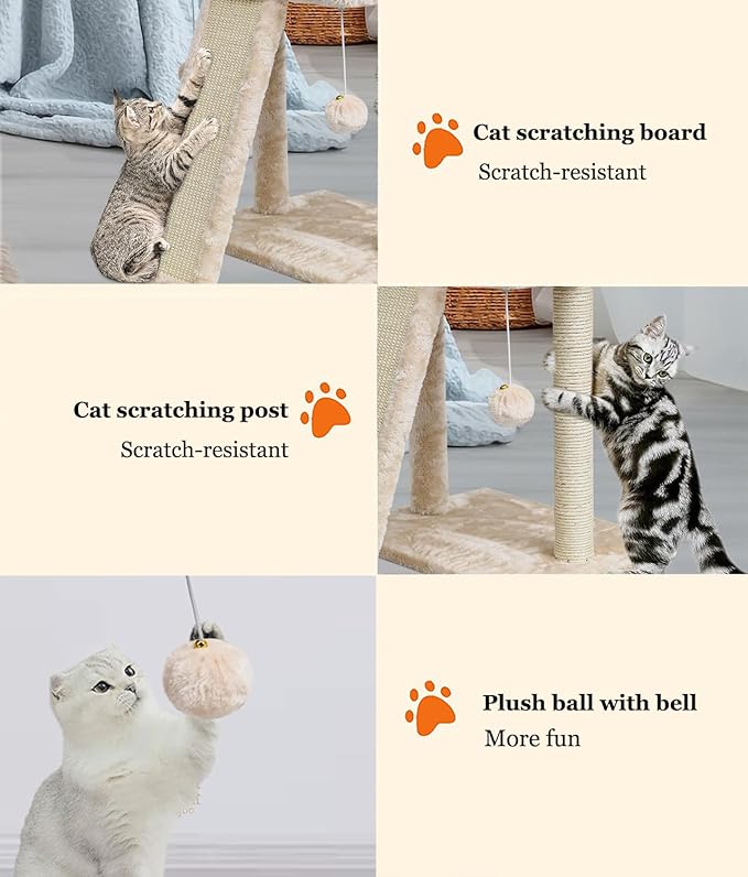 SYANDLVY Small Cat Tree with Scratching Post, Cat Scratching Board with Perch, Cat Post Scratcher for Indoor Cats, 2 Dangling Balls Great for Kittens (Beige)