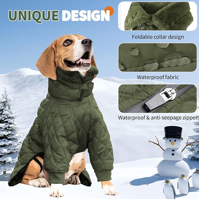 IDOMIK Dog Winter Coat for Small Dogs, Warm Dog Winter Jacket with Fleece High Collar, Zippered Cold Weather Coats for Dogs, Waterproof Doggy Snow Jacket Clothes,Green,S