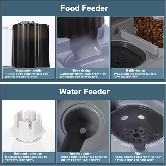 Automatic Cat Feeder Water Dispenser 2 in 1 Gravity Cat Feeder Large Capacity Dispenser for Pet Dogs Puppy Kitten (Black)