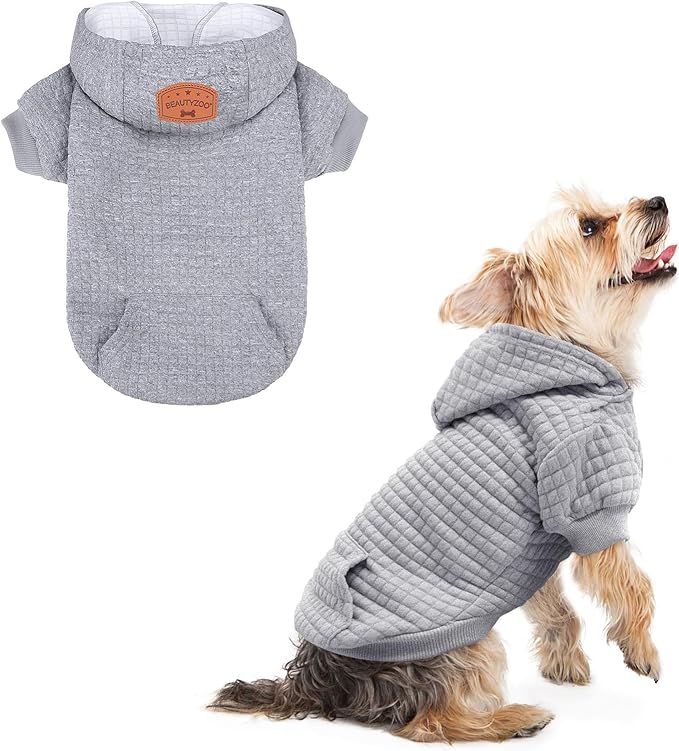 BEAUTYZOO Small Dog Hoodie Sweater with Pockets, Dog Clothes for Small Medium Dogs Boy Girl, Waffle-like Laminated Cotton Pet Coats with Hat and Leash Hole, All Weather Coat for Puppy Doggie Chihuahua