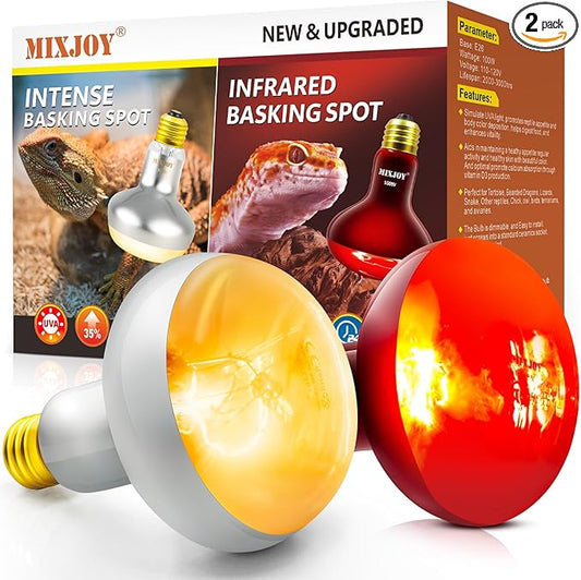 MIXJOY 100W Reptile Heat Lamp Bulb Combo, 2PCS Day & Night Reptile Heat Bulbs, UVA Daylight Intense Heat Basking Bulb Infrared Heat Light Bulb for Reptiles, Lizard, Tortoise, Bearded Dragon Chickens