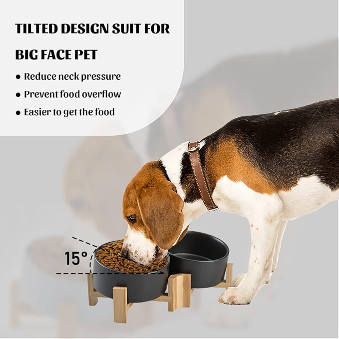 SPUNKYJUNKY 15° Slanted Ceramic Dog and Cat Bowl with Wooden Stand, Tilted Bulldog Food and Water Bowl No Slip Non-Spill for Cats Medium Dogs Big Face Pets 28.7 OZ (3.6 Cups, Black × 2)