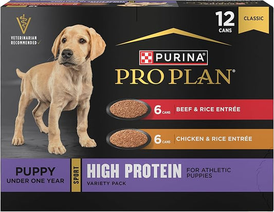 Purina Pro Plan Sport High Protein Wet Puppy Food Beef and Rice Entree and Chicken and Rice Entree Variety Pack - (Pack of 12) 13 oz. Cans