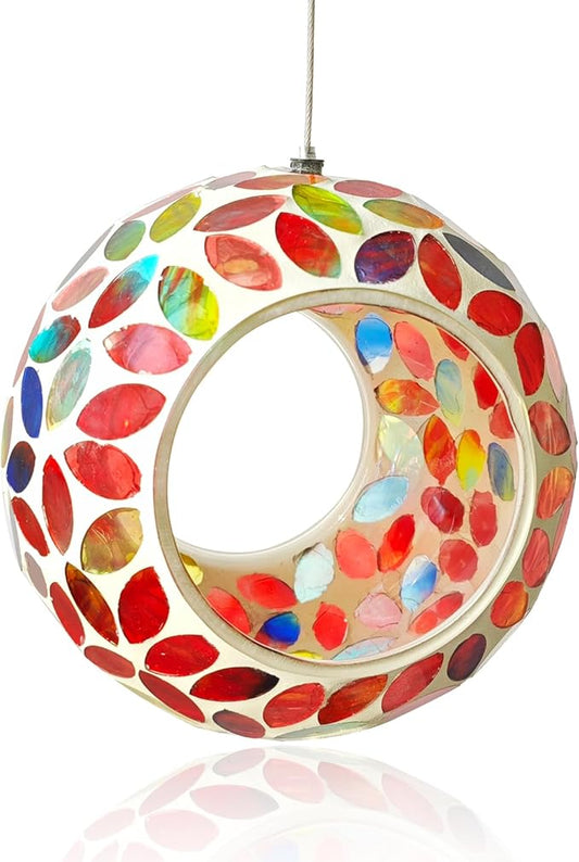 Bird Feeder Mosaic Fly Through Bird Feeder for Outside Hanging with Round Shape Glass Feeders to Attract Wild Birds for Garden, Deck, Yard, Backyard and Porch Decor, 7-Inch