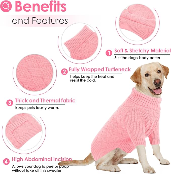 AOFITEE Dog Sweater, Warm Dog Sweaters for Large Dogs, Soft Dogs Christmas Sweater, Turtleneck Girl Pet Pullover, French Bulldog Sweaters, Female Pet Sweatshirt Knitwear for Winter Fall (Pink Large)