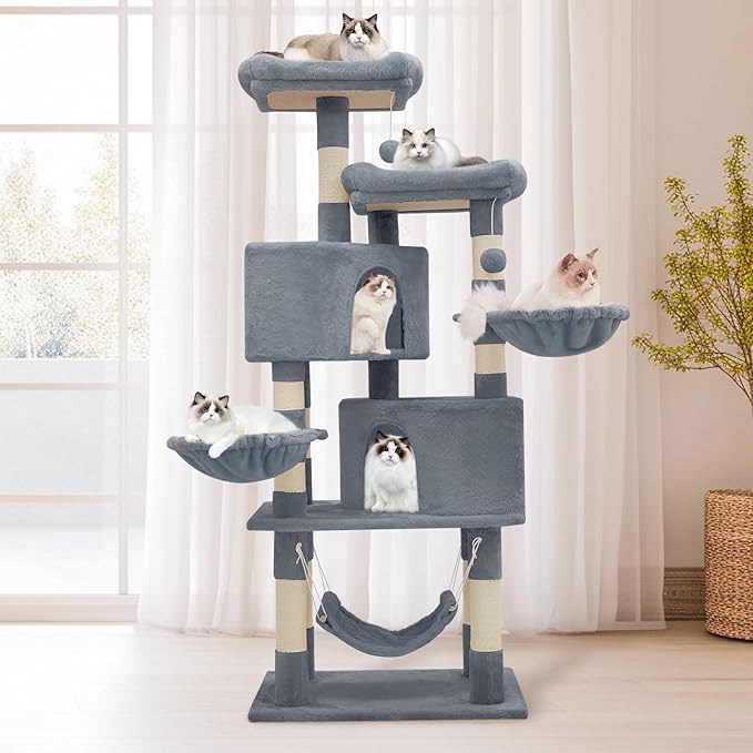 Athena Collection Cat Tree Tower, Modern 58 Inch Tall Cat Tree Claimbing Tower with Scratching Post 2 Condo 3 Hammocks Multi-Level Activity Platform and Playing Ball for Indoor Large Adult, Grey