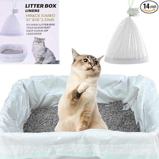 Suhaco Cat Litter Box Liners, Litter Pan Disposable Bags 2 Mil Thickened Cat Litter Liners with Drawstring Weekly 14 Large Pack Litter Bags for Easy Cleaning (L (Pack of 14))