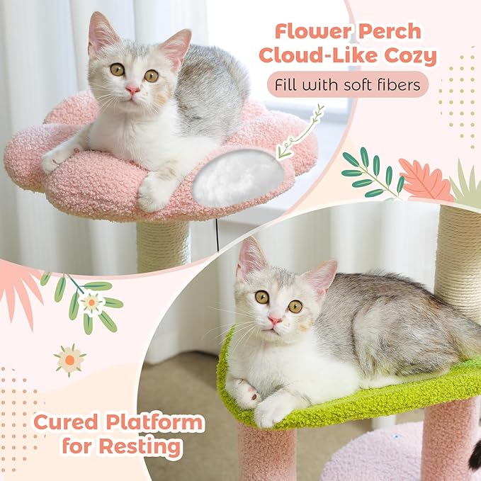 PAWZ Road Flower Cat Tree Pink 32” Small Cat Tower Cat Scratching Post with Curved Perch, Cozy Cats Condo Removable Flower Bed for Kittens and Small Cats-Pink