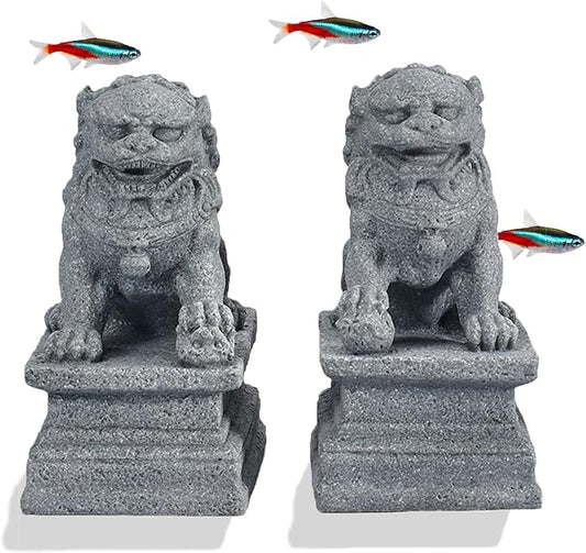 livelyfish Asian Fu Foo Dogs Statues Mini A Pair of Guardian Lion Figurine Sandstone Pets Fish Tank Aquarium Landscape Ornaments Accessories Feng Shui Decorations, A