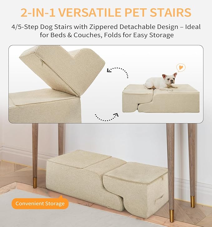 Made4Pets Dog Stairs Ramp for Small Dogs, 3-Step Dog Steps for Bed Couch Sofa and Chair, 35D Foam Pet Steps for Small Dogs and Cats, Non-Slip Bottom Pet Stairs, Beige