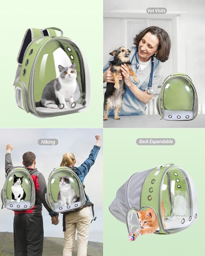 Cat Backpack Carrier Bubble Expandable Foldable Breathable Pet Carrier Dog Carrier Backpack for Large Big Cats Hiking, Travelling, Camping (Back Expandable-LightGreen)