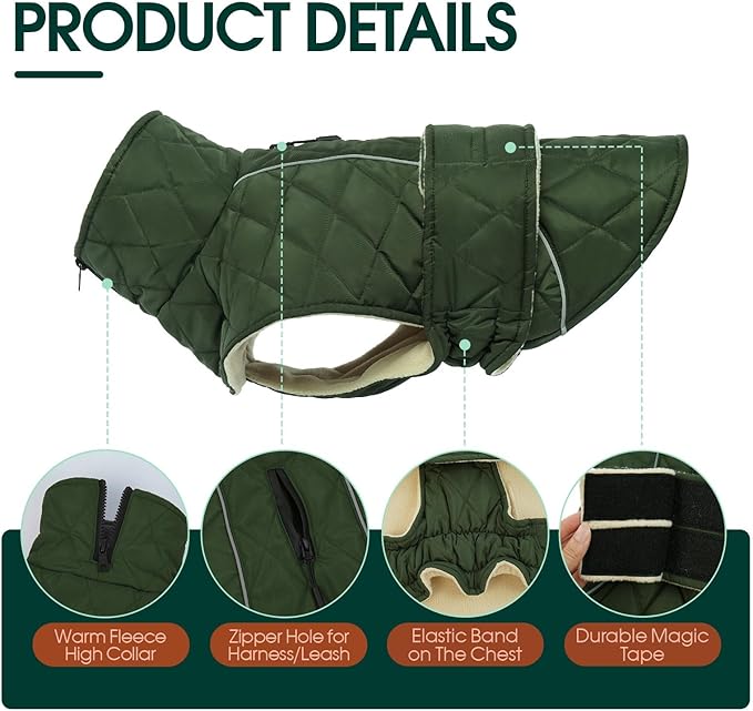 Kuoser Dog Coat, Extra Warm Dog Jacket Quilted Windproof Pet Cold Weather Coats for Small Dogs, Fleece Lining Turtleneck Puppy Snowsuit Reflective Adjustable Winter Clothes, Green S