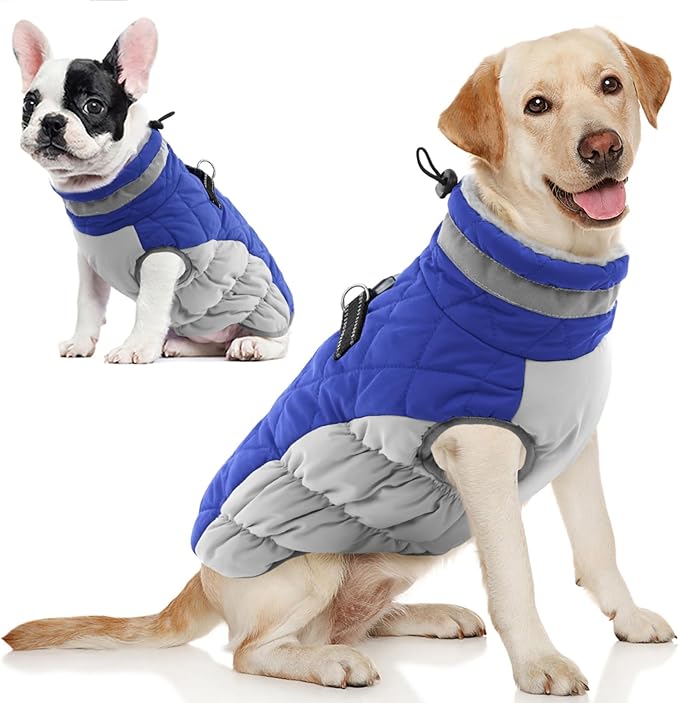 AOFITEE Dog Coat, Warm Dog Winter Coat, Reflective Turtleneck Large Dogs Jacket with Harness Built in, Turtleneck Pet Winter Jacket, Waterproof Pet Snow Jackets Fleece Vest, Blue XL