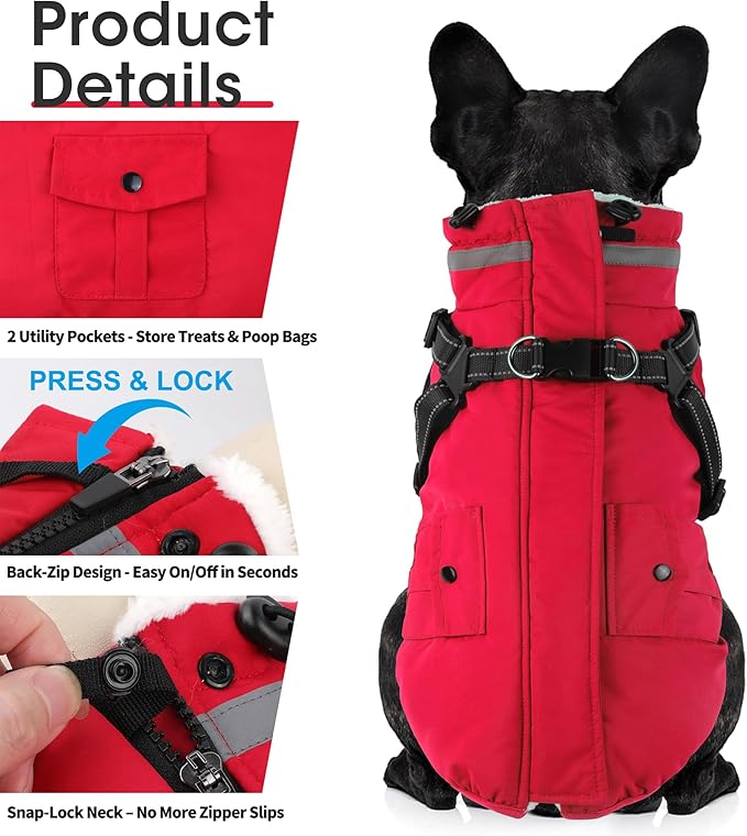 Dogcheer Dog Coat with Harness, Waterproof Dog Jacket Christmas Puppy Winter Coat with Pockets, Reflective Doggy Winter Jacket Soft Pet Fleece Snow Jacket for Small Medium Large Dogs - Red, 2XL