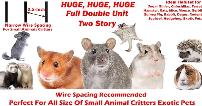 Huge 37"x24"x63"H Deluxe Two Full Story Double Unit Tight 1/2-Inch Bar Spacing X-Large Double Front Doors for Feisty Ferret Hammock Chinchilla Rat Mouse Gerbil Small Animals Critters Rolling Cage