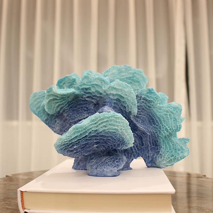 Blue Faux Coral Reef Statue - Resin Sea Coral Sculpture for Tabletop, Home, Living Room - Coastal Beach Decor
