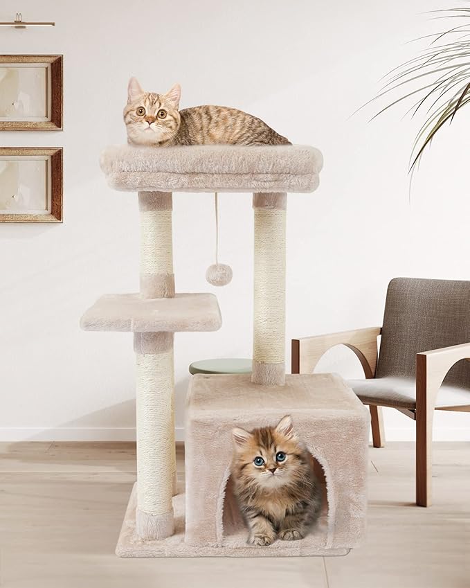 FISH&NAP Cute Cat Tree Kitten Cat Tower for Indoor Cat Condo Sisal Scratching Posts with Jump Platform Cat Furniture Activity Center Play House Beige