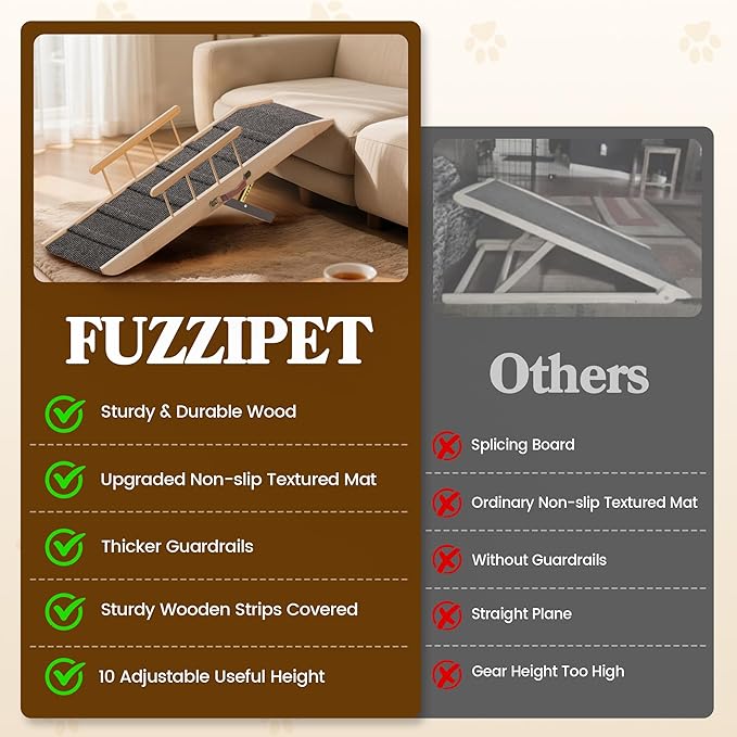 Dog Ramp for Bed Couch, Pet Ramp for Small Medium Old Dogs Cats with 10 Adjustable Heights from 5.91" to 19.69", 47" Long Portable Non-Slip Dog Bed Ramp for High Bed, Couch, Hold up to 200 LBS