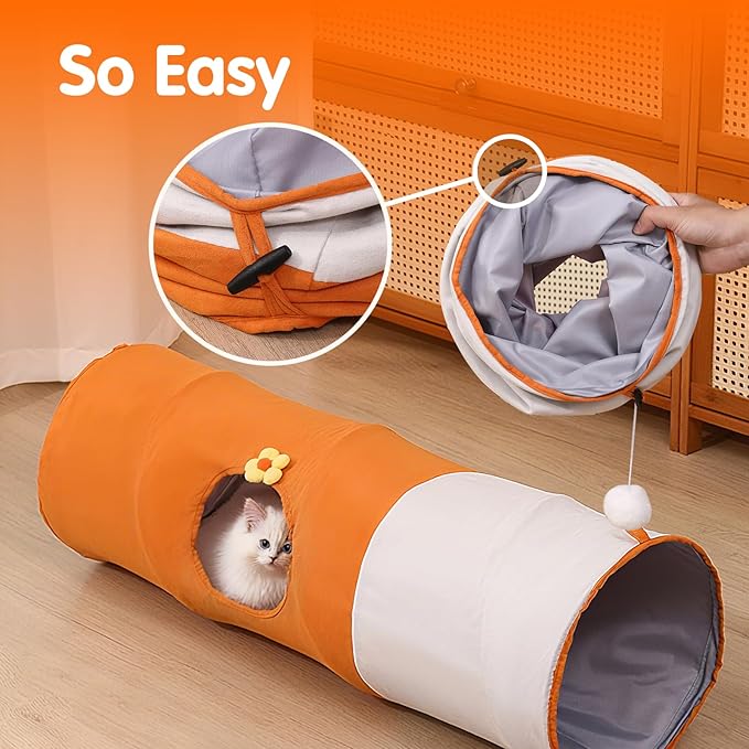 Cat Tunnels for Indoor Cats,Collapsible Crinkle Pet Toy with 3 Holes & Balls,9.8in x 37.5in/47.2in Orange Play Tube for Kittens,Rabbits,Guinea Pigs & Ferrets (9.84inx31.5in)