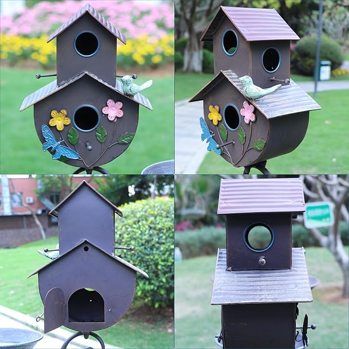 52" H Bird Bath and Metal Birdhouses for Outdoors,Metal Standing Bird Bath Feeder and Climbing Plant Trellis 4-in-1,Garden Yard Decor