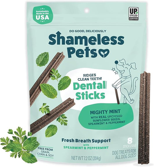 Shameless Pets Dental Chews for Dogs, Mighty Mint Dental Sticks, Healthy Treats for Teeth Cleaning & Fresh Breath - Dog Bones Dental Chews Free from Grain Corn & Soy, 8 Sticks