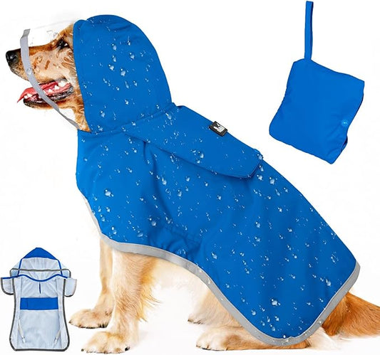 Lukovee Dog Raincoat, Adjustable Dog Rain Jacket with Clear Hooded Double Layer for Large Medium Small Dogs Puppies, Waterproof Rain Coat Poncho with Reflective Storage Pocket & Rim (Blue, XXL)