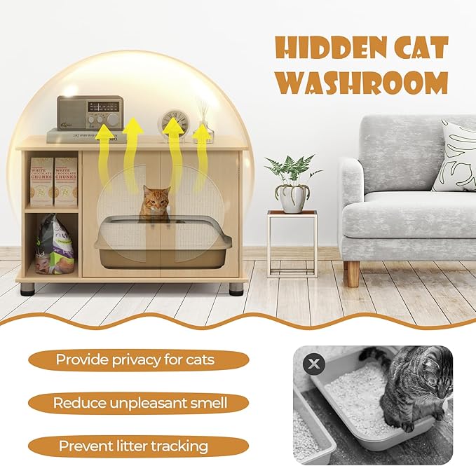 Tangkula Litter Box Enclosure, Hidden Cat Washroom with Storage Shelf, Sisal Scratching Doors, Adjustable Metal Feet, Modern Cat Litter Cabinet Storage Bench, Enclosed Litter Box Furniture (Natural)