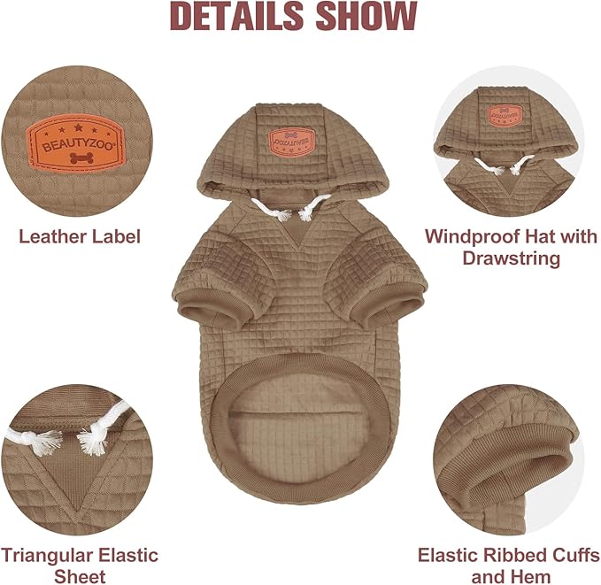 BEAUTYZOO Small Dog Hoodie Sweater with Pockets, Dog Clothes for Small Medium Dogs Boy Girl, Waffle-Like Laminated Cotton Pet Coats with Hat and Leash Hole, Khaki ML