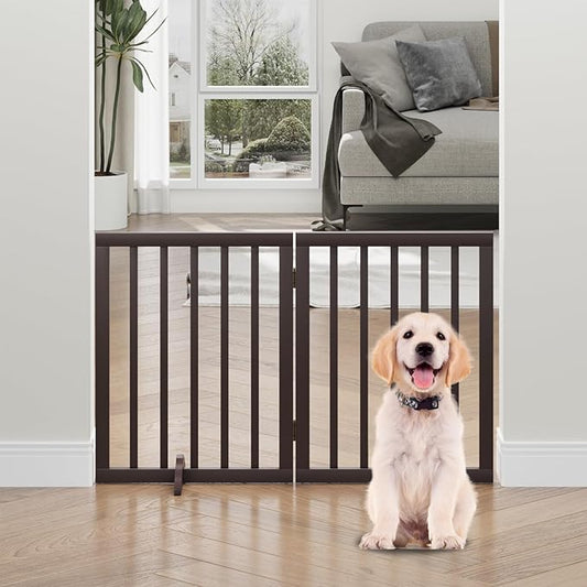 Brown Freestanding Foldable Pet Gate - 2 Panels, Metal Support Feet, Room Divider for Doorways & Bedroom