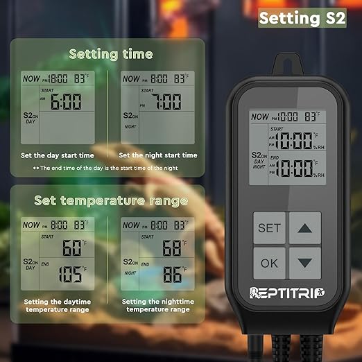 Reptile Thermostat, Light Timer for Temperature and Lighting Control, Day-Night Timer Thermostat with Reptile Thermometer for UVB Light, Heat Lamp, Heating Pad, 10A 1250w