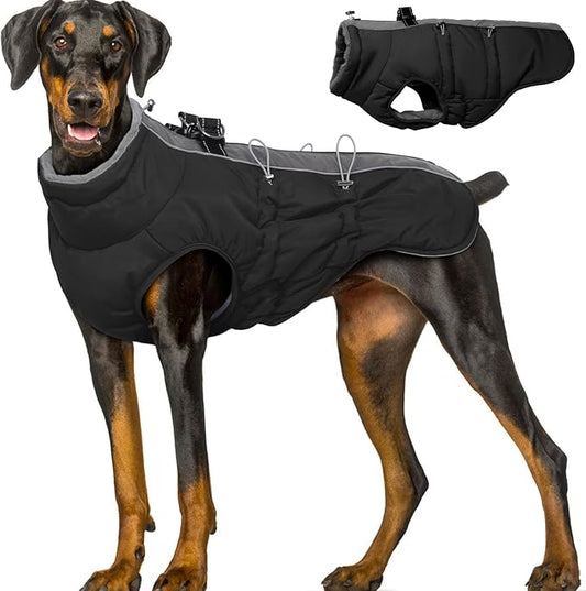 Dog Winter Jacket - 3X Large, Warm Zip Up Snowsuit Dog Harness Vest, Reflective, Water-Resistant, Black