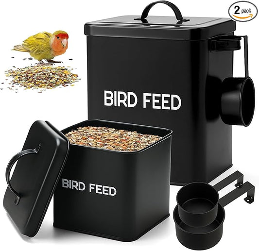 2 Pcs Metal Bird Seed Container with Scoop, Bird Feed Storage Container with Fitted Lid, Ideal Gift for Birds and Pet Owners (Black)