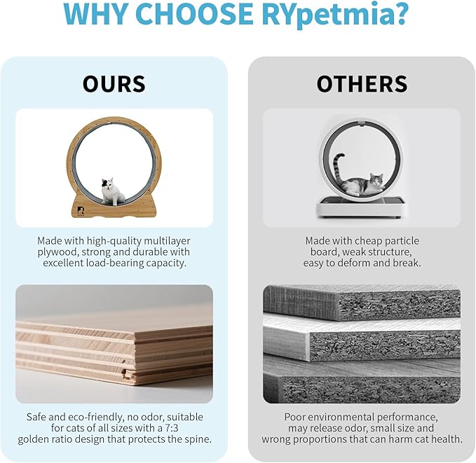 43 Inch Large Cat Exercise Wheel for Indoor Cats, Silent Treadmill, Non-Tip Design, Safe & Quiet Cat Running Wheel, Easy to Assemble, Supports Cats Up to 55 lbs (Natural Wood)