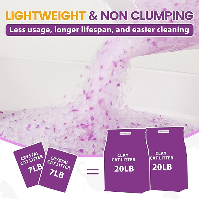 NEWORD Crystals Cat Litter Lightly Scented Litter Superior Odor Control 14 lbs Total (2 Pack of 7lb Bags) Soft-On-Paws Low Tracking Dust-Free Purple Silica Gel, Lavender