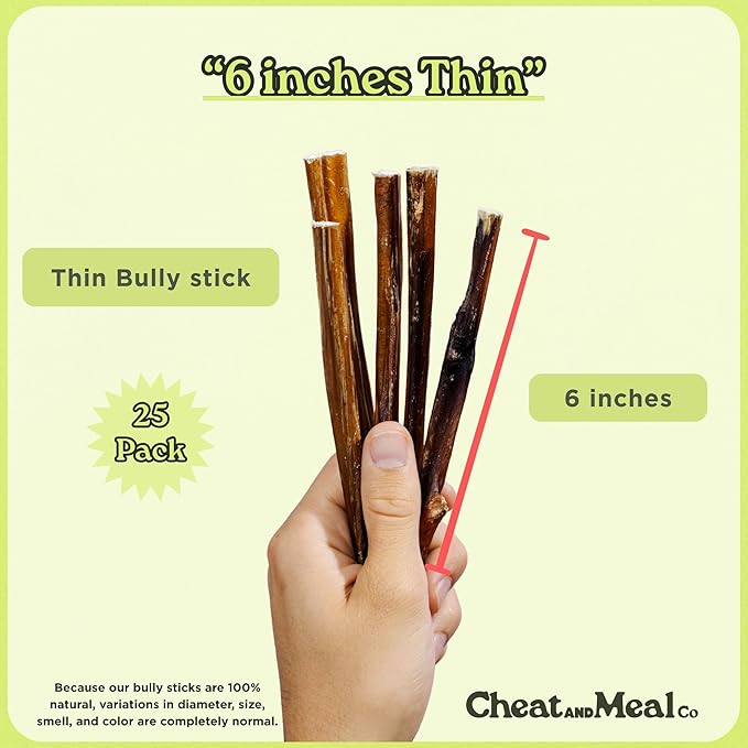 Thin Bully Sticks for Small Dogs - [6 Inch, 25 Pack] - Natural, Grain-Free, Rawhide-Free Dog Chews for Small Dogs, Seniors, and Puppies - Long-Lasting, Grass-Fed Beef Pizzle