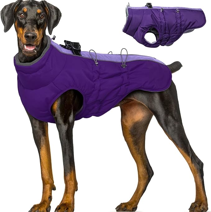 Dog Coat Winter Warm Dog Jackets for Large Dogs Reflective Snowsuit with Harness Fleece Dogs Snow Jacket Waterproof Pet Clothes for Cold Weather