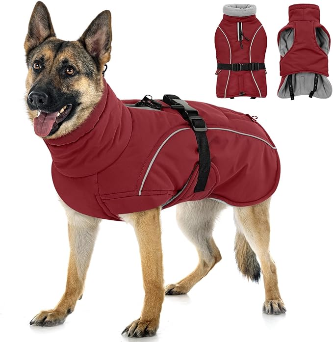 Queenmore Large Coat, Winter Jacket, Waterproof Puffy Snowsuit for Dogs - Adjustable Reflective Fleece Lining Warm Padding Parka for Cold Weather, Red L