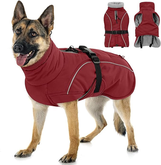 Queenmore XL Dog Coat, Winter Dog Jacket for Large Dogs, Waterproof Puffy Dog Snowsuit, Adjustable Reflective Fleece Lining Warm Padding Parka for Cold Weather, Red XL