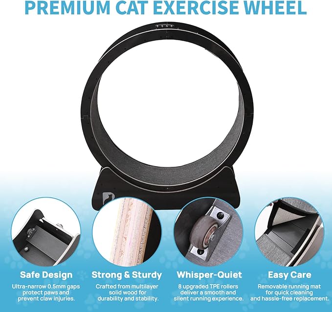 43 Inch Large Cat Exercise Wheel for Indoor Cats, Silent Treadmill, Non-Tip Design, Safe & Quiet Cat Running Wheel, Easy to Assemble, Supports Cats Up to 55 lbs (Black)