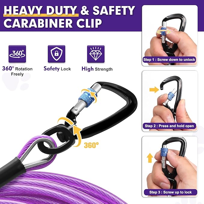 Snagle Paw Heavy Duty Long Dog Leads for Yard 200FT-1000LBS Break Strength,Dog Tie Out Cable with Swivel Lockable Hook & Spring,Chew Proof Dog Chain for Outside,Dog Run Cable for Medium Large Dogs