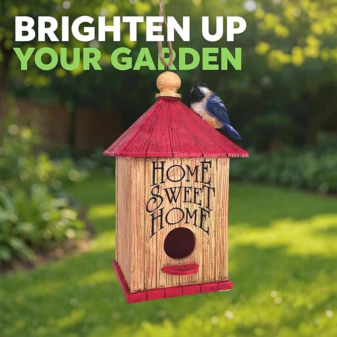 Spoontiques - Birdhouse - Garden Décor - Decorative Bird House for Yard and Garden Decoration - Hanging Novelty for Outdoor Patio - Home Sweet Home, Brown and Red