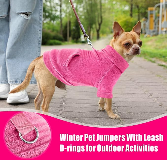 Idepet Fleece Dog Sweater, Winter Pet Clothes Turtleneck Sweatshirt, Stretchy Cat Coat with Leash Ring (Rose Red, XS)
