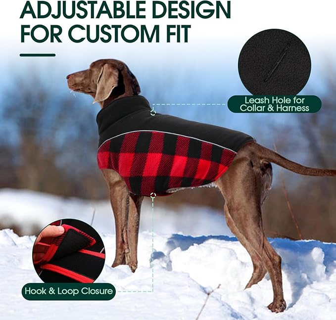 Kuoser Dog Winter Coat, Reversible Waterproof Dog Jacket with Reflective Strip, Warm Dogs Fleece Vest Adjustable Doggy Cold Weather Clothes Plaid Christmas Outfit Pet Apparel for Large Dogs, Red 2XL