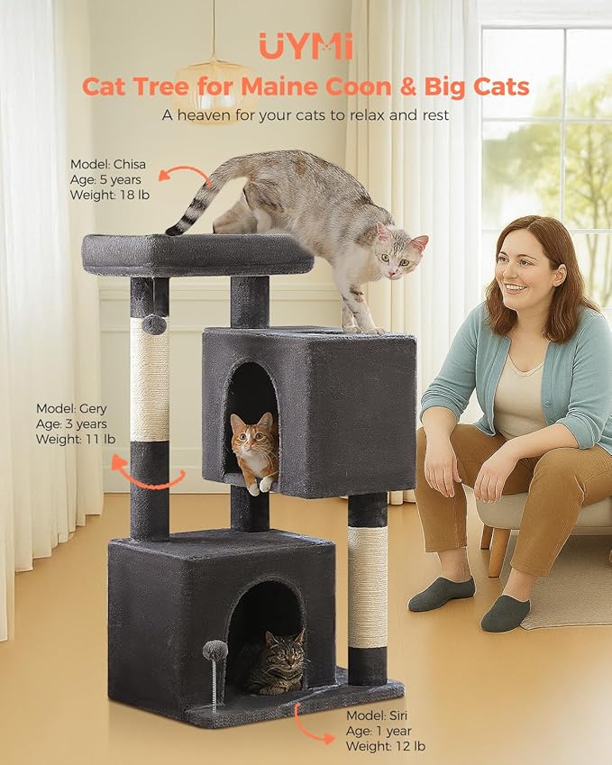 XL Cat Tower 44" Cat Tree for Large Cats 20 lbs+, 2 Spacious Condos with 3.4" Thickened Scratching Post, Large Top Perch, 2 Interactive Toys, Dark Grey